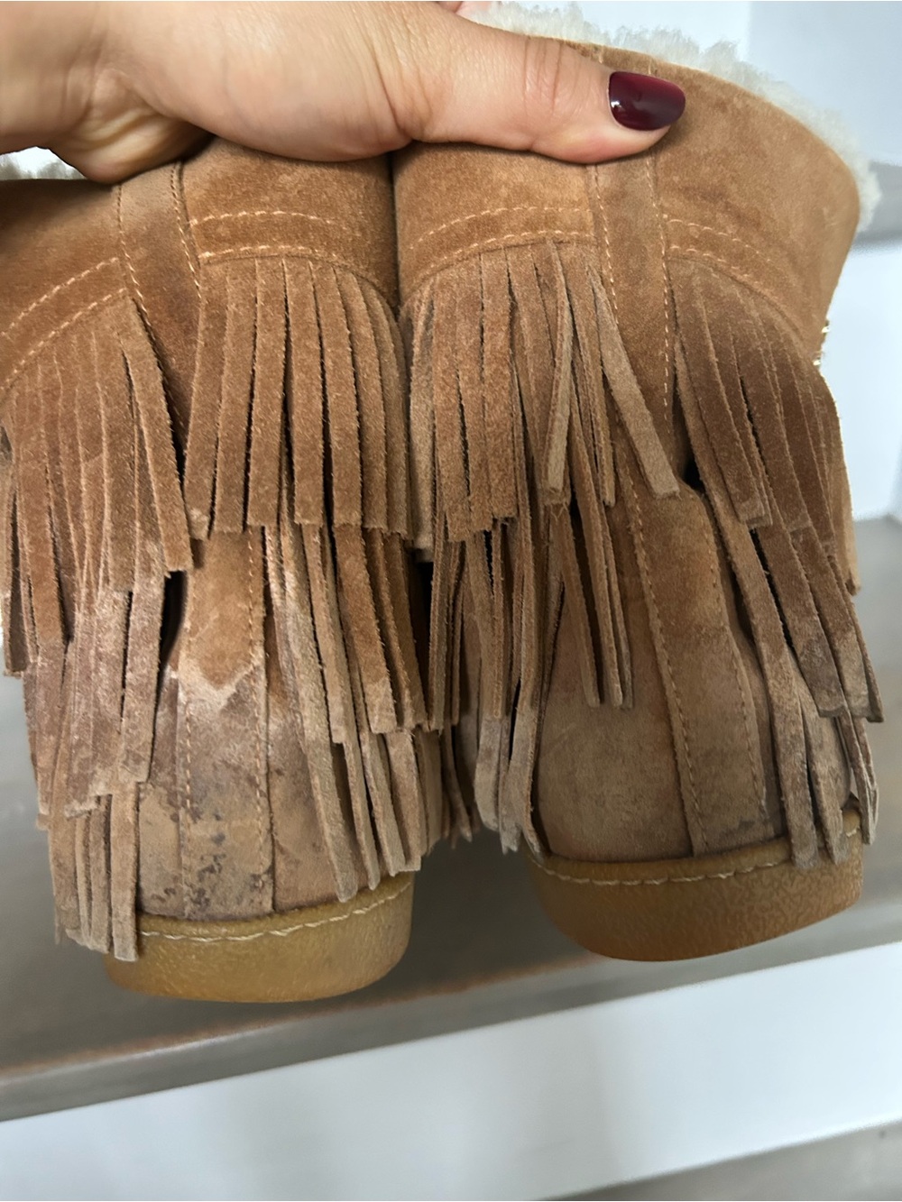 Tory Burch Chestnut Brown Suede Fringe Shearling moccasins - Picture 4 of 6